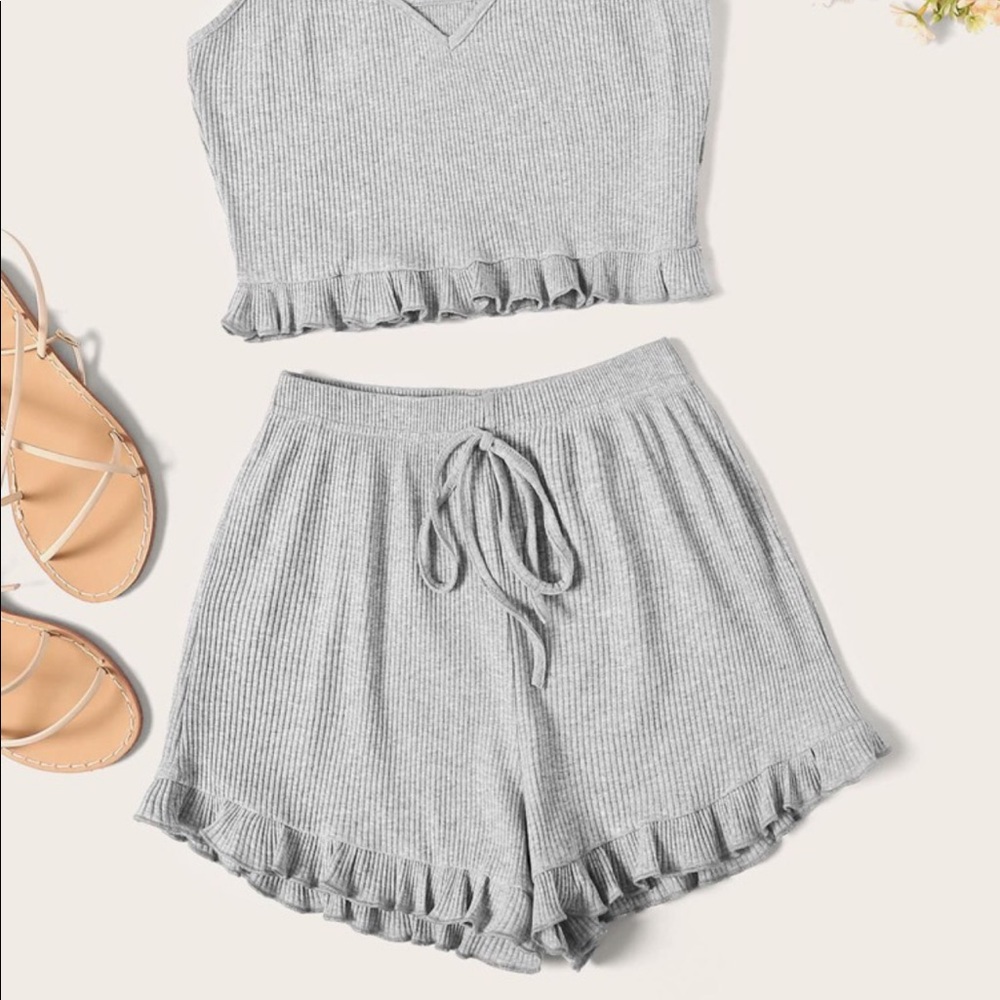 Rib-knit cami top and ruffle shorts
